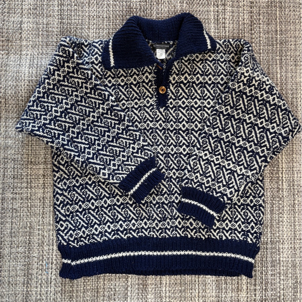 J. Peterman Vintage Navy & Ivory Patterned 100% Wool Knit Sweater (B)